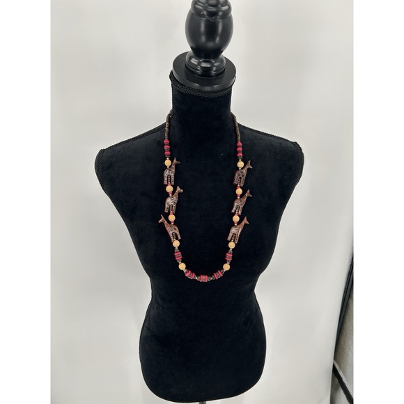 Antique Jewelry - Vintage Wooden Hand Carved Giraffe And Beaded Necklace
